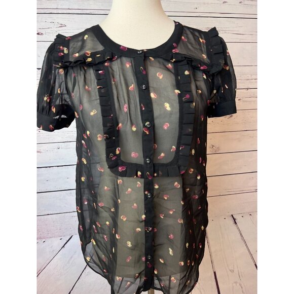 ModCloth Blouse Prairie‎ Shirt Short Sleeve Sheer Button Front Puff Sleeve Small - Picture 1 of 12